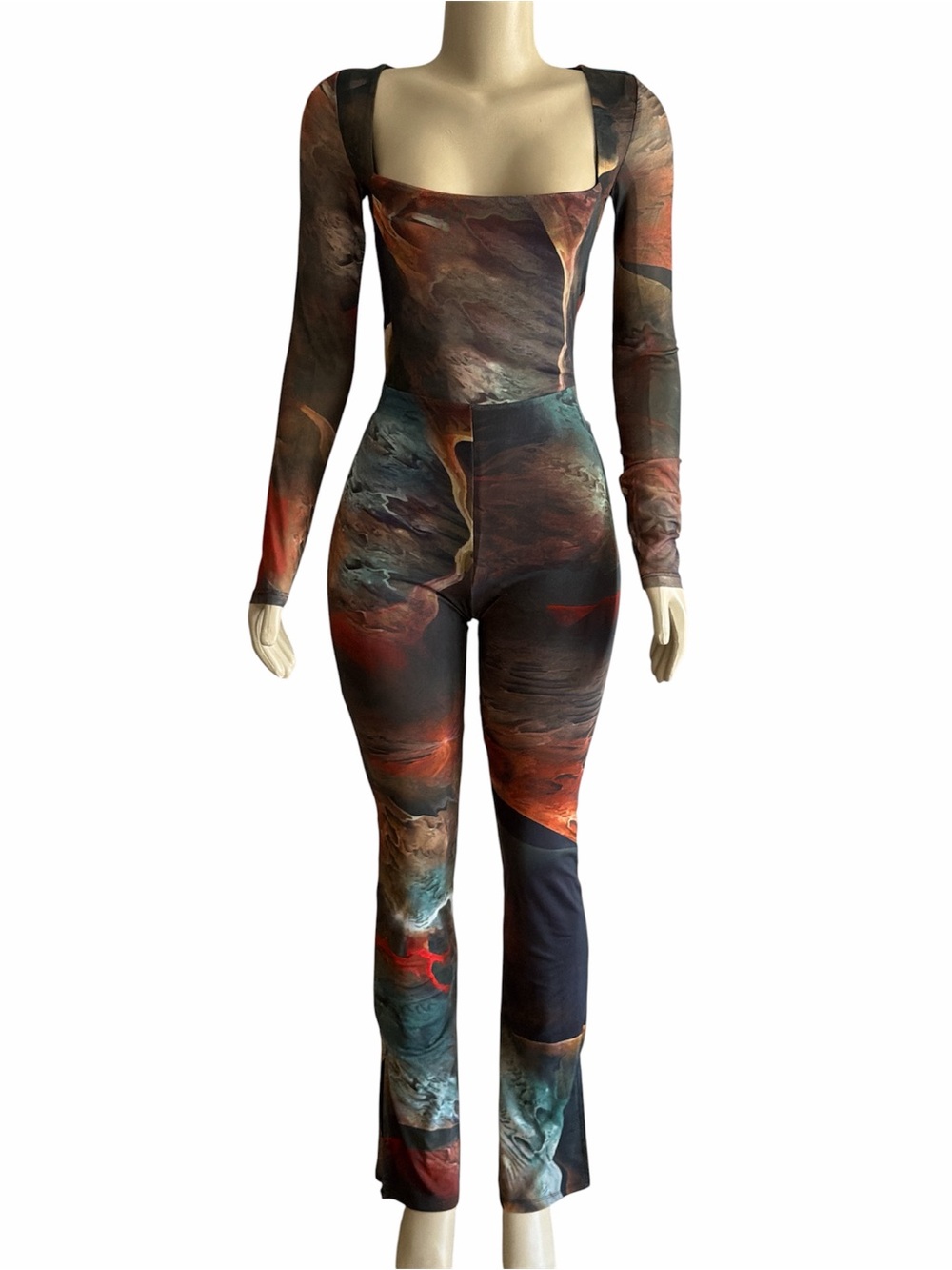 Fashion Nova Lost In A Trance Mesh Jumpsuit Olive/Combo - Picture 4 of 11